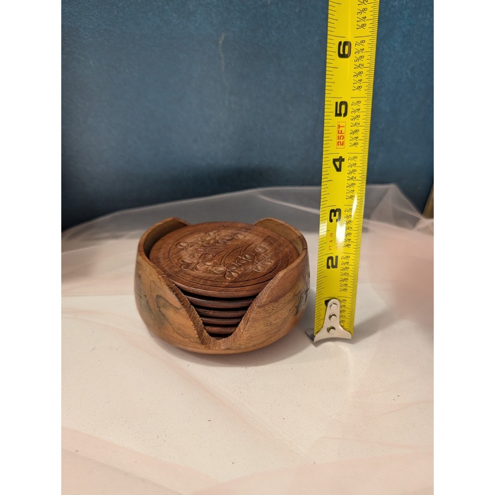 Carved Wooden Coaster Set with Holder & Brass Inlay Floral Detail - Picture 11 of 12